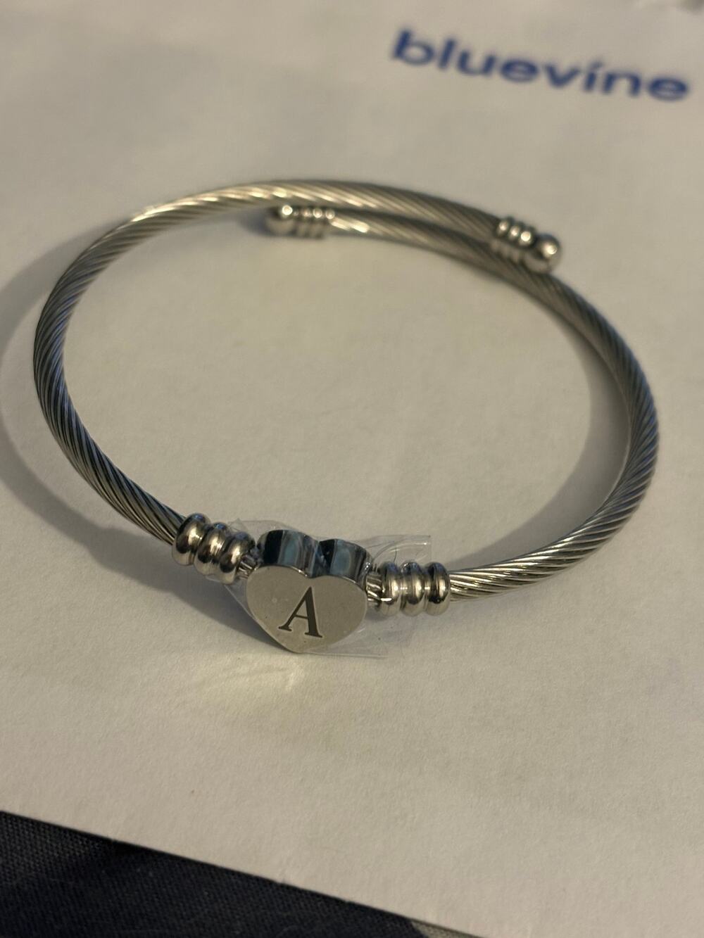 Silver Tone Initial “A” Heart Cable Bangle Bracelet size 7”